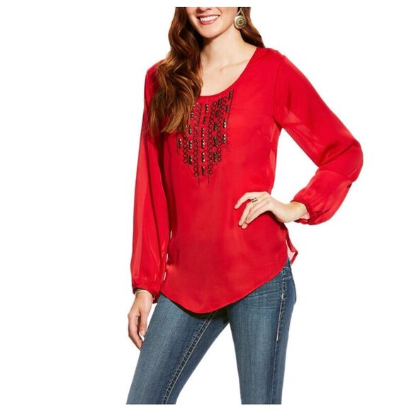 Ariat Top Women’s Medium Red Embellished SemiSheer Blouse Western Rodeo Cowgirl - Picture 1 of 13